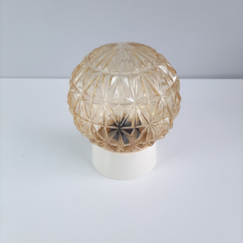 Vintage gele plafondlamp met geometrisch patroon | Jaren 60 plafondlamp met bakelieten houder