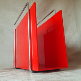 Jaren 60 rode lectuurbak, plexiglas lectuurmand