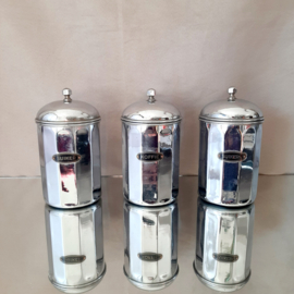 Set van 3 Art Deco Voorraadpotten, chroom, voorraadpotten met label