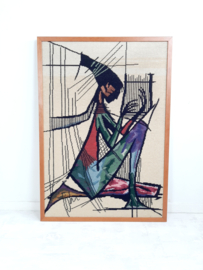 Vintage geborduurd kunstwerk vrouw met harp, jaren 60 handgemaakt schilderij