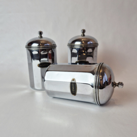 Set van 3 Art Deco chromen voorraadpotten met label