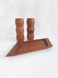 Vintage teakhouten eierdopjes, set eierdoppen, houten eierdop