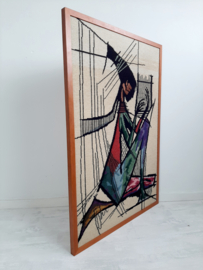 Vintage geborduurd kunstwerk vrouw met harp, jaren 60 handgemaakt schilderij