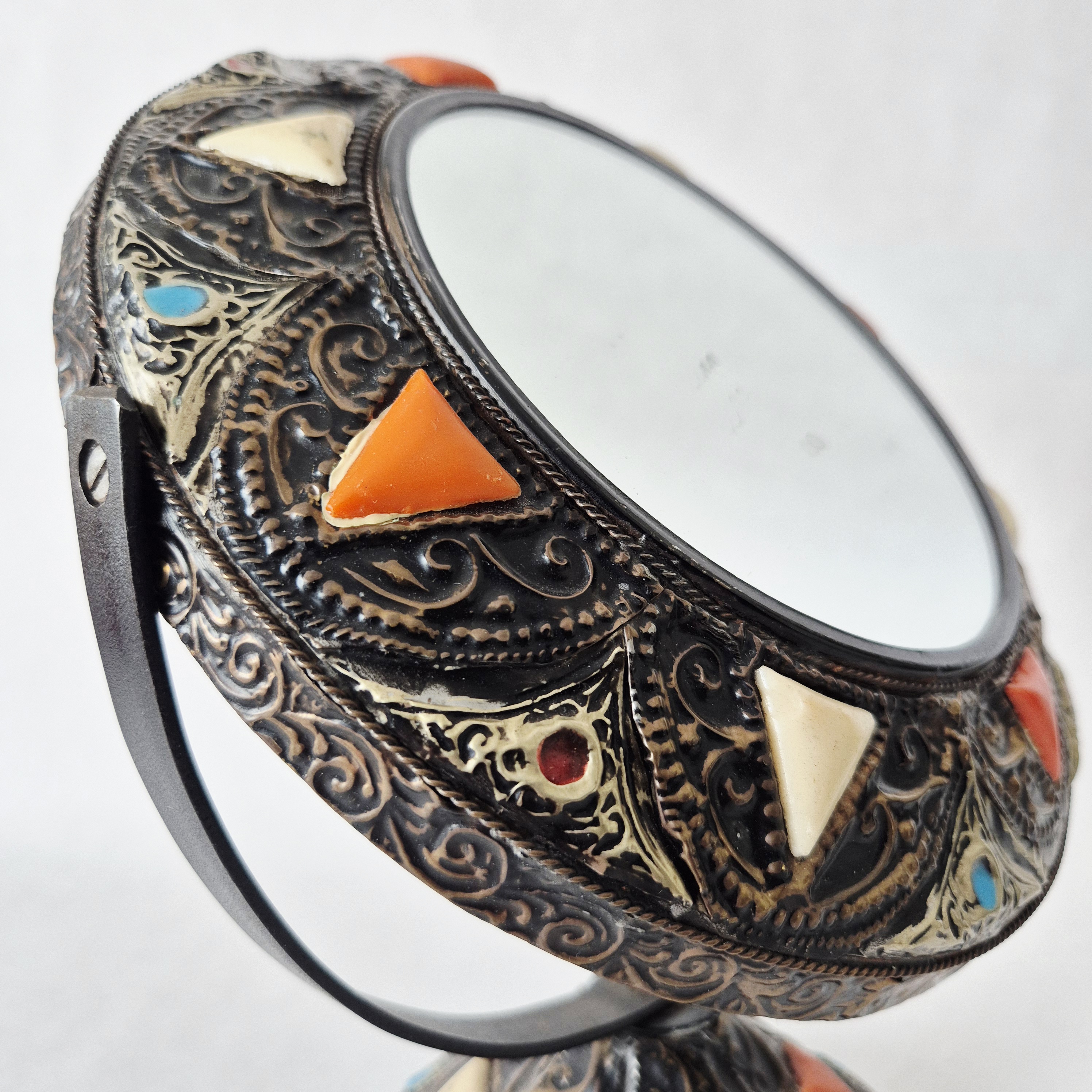 Marokkaanse make-up spiegel | Tafel spiegel | Spiegel met been inleg | Berbers patroon