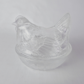 Vintage Frans Glazen Dekschaal 'Hen on nest'