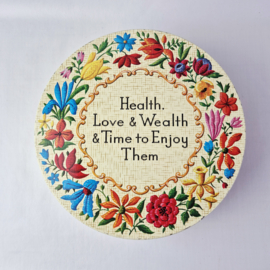 Vintage koekblik "Health, Love & Wealth & Time to Enjoy Them"