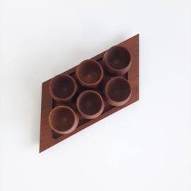 Vintage teakhouten eierdopjes, set eierdoppen, houten eierdop