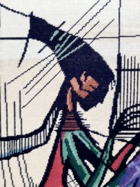Vintage geborduurd kunstwerk vrouw met harp, jaren 60 handgemaakt schilderij