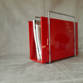 Jaren 60 rode lectuurbak, plexiglas lectuurmand