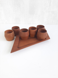 Vintage teakhouten eierdopjes, set eierdoppen, houten eierdop