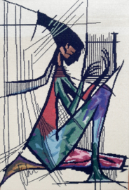 Vintage geborduurd kunstwerk vrouw met harp, jaren 60 handgemaakt schilderij