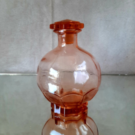 Franse vintage roze likeurset, likeurfles met glazen en bord