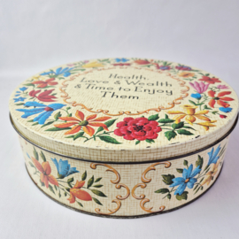 Vintage koekblik "Health, Love & Wealth & Time to Enjoy Them"