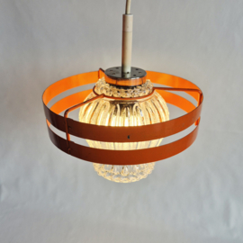 Vintage hanglamp jaren 70 oranje metaal en bewerkt glas