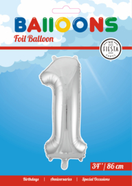 Folieballon ''Cijfer 1 zilver'' (34'')