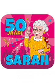 Huldeschild ''Sarah 50 jaar cartoon''