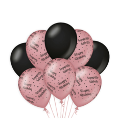 Ballonnen "Happy Birthday Rosé goud/Zwart" (30cm, 6 stuks)