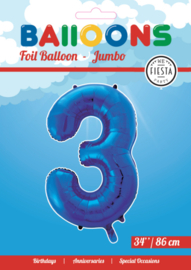Folieballon ''Cijfer 3 Blauw'' (34'')