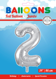 Folieballon ''Cijfer 2 zilver'' (34'')