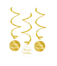 Swirl decoratie ''Happy Birthday Goud/Wit'' (3 stuks)