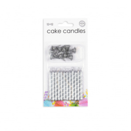 Taartkaarsjes ''Zilver 12 stuks + houders''