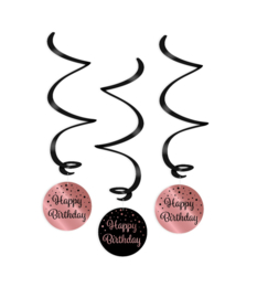 Swirl decoratie ''Happy Birthday Rosé goud/Zwart'' (3 stuks)