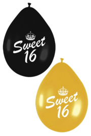 Ballonnen ''Sweet 16'' (Zwart/Goud, 6 stuks)