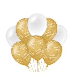 Ballonnen "Happy Birthday Goud/Wit" (30cm, 6 stuks)