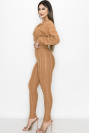 Cable Knit Zip-Up Cropped Sweater and Pants Set