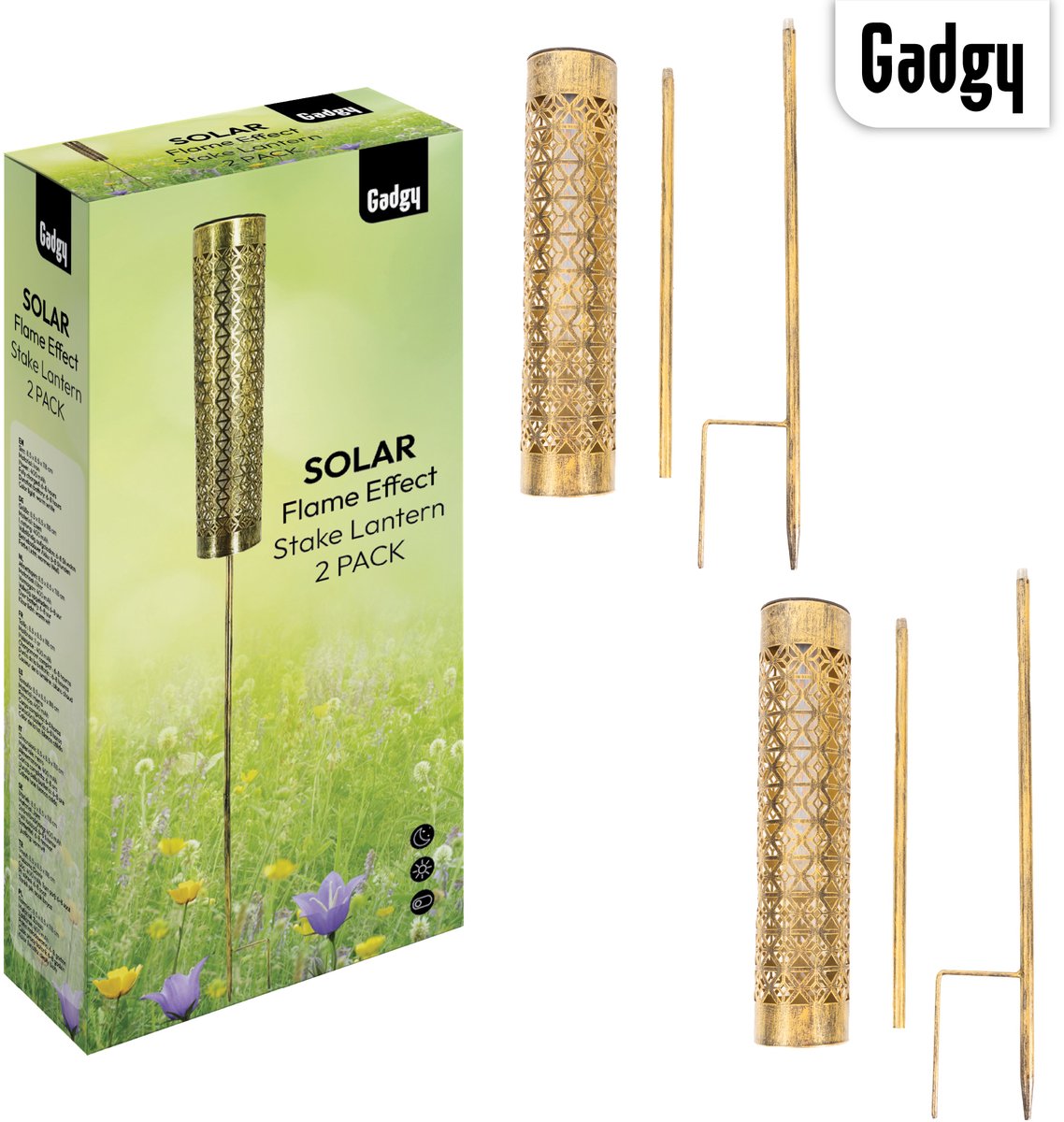 Solar Tuinstekers Metaal Goud – Met Vlameffect - Set van 2