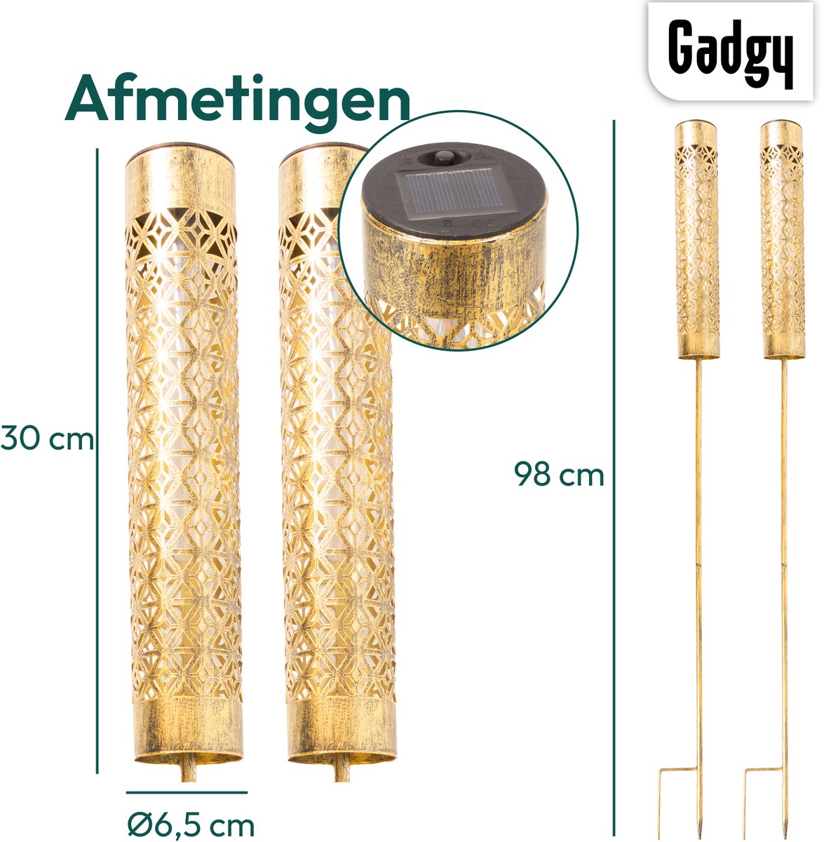 Solar Tuinstekers Metaal Goud – Met Vlameffect - Set van 2