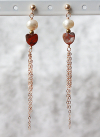 Zoetwaterparel, jaspis hart, 14k gold filled oorbellen