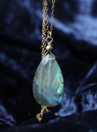 Grote labradoriet aan 14k gold filled gouden of 925 zilveren ketting