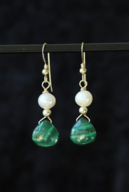 Malachiet en zoetwaterparel 14k gold filled gouden oorbellen