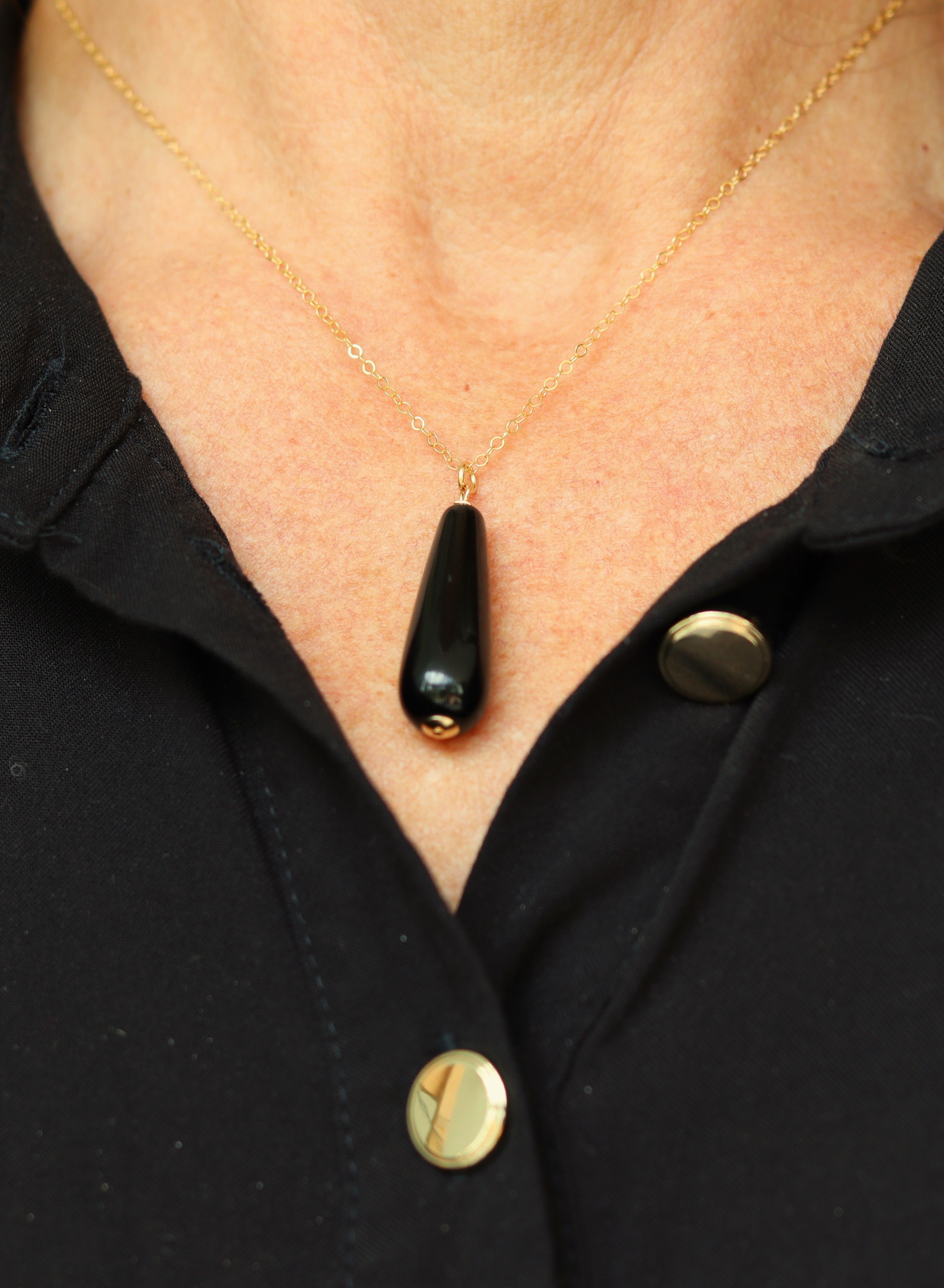 Onyx lange druppel 14k gold filled of 925 sterling zilveren ketting