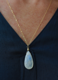 Grote hanger regenboog maansteen ketting, gold filled of zilver