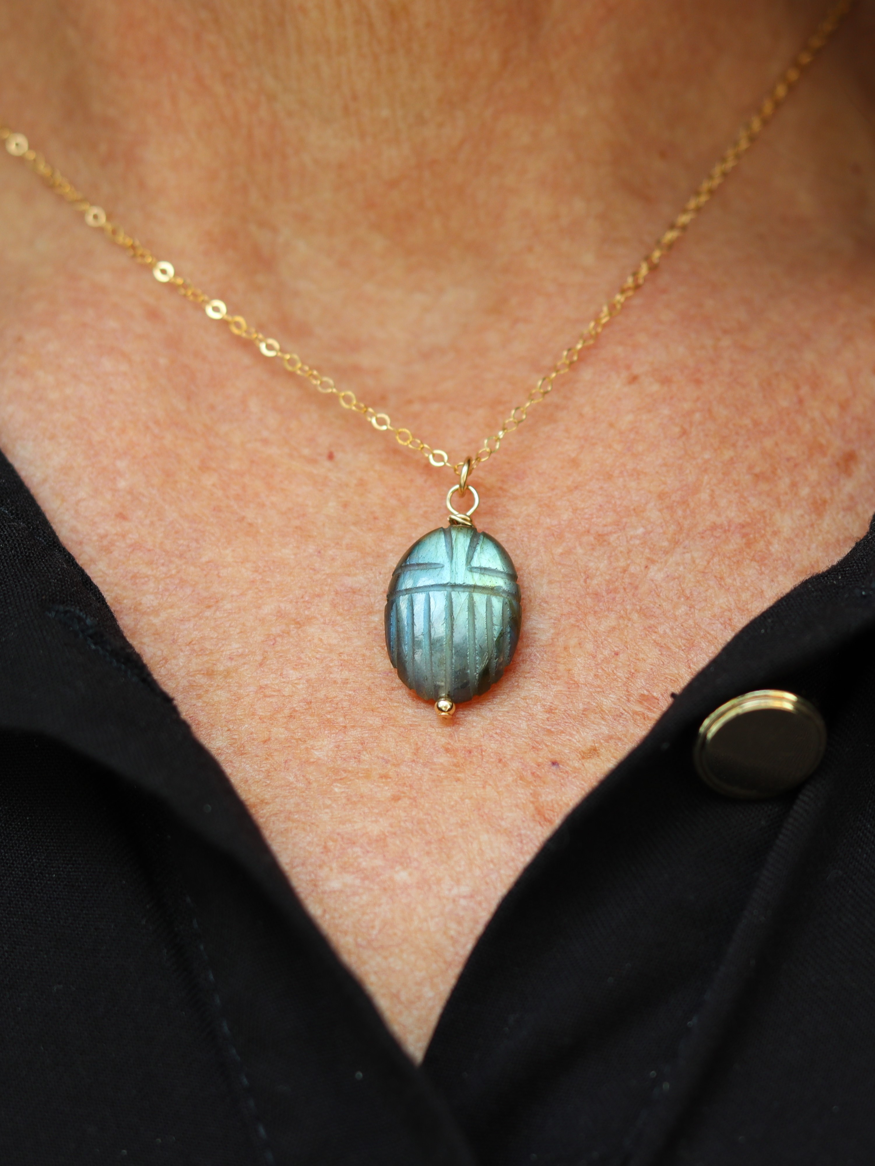 Labradoriet scarabee aan 14k gold filled gouden of 925 zilveren ketting