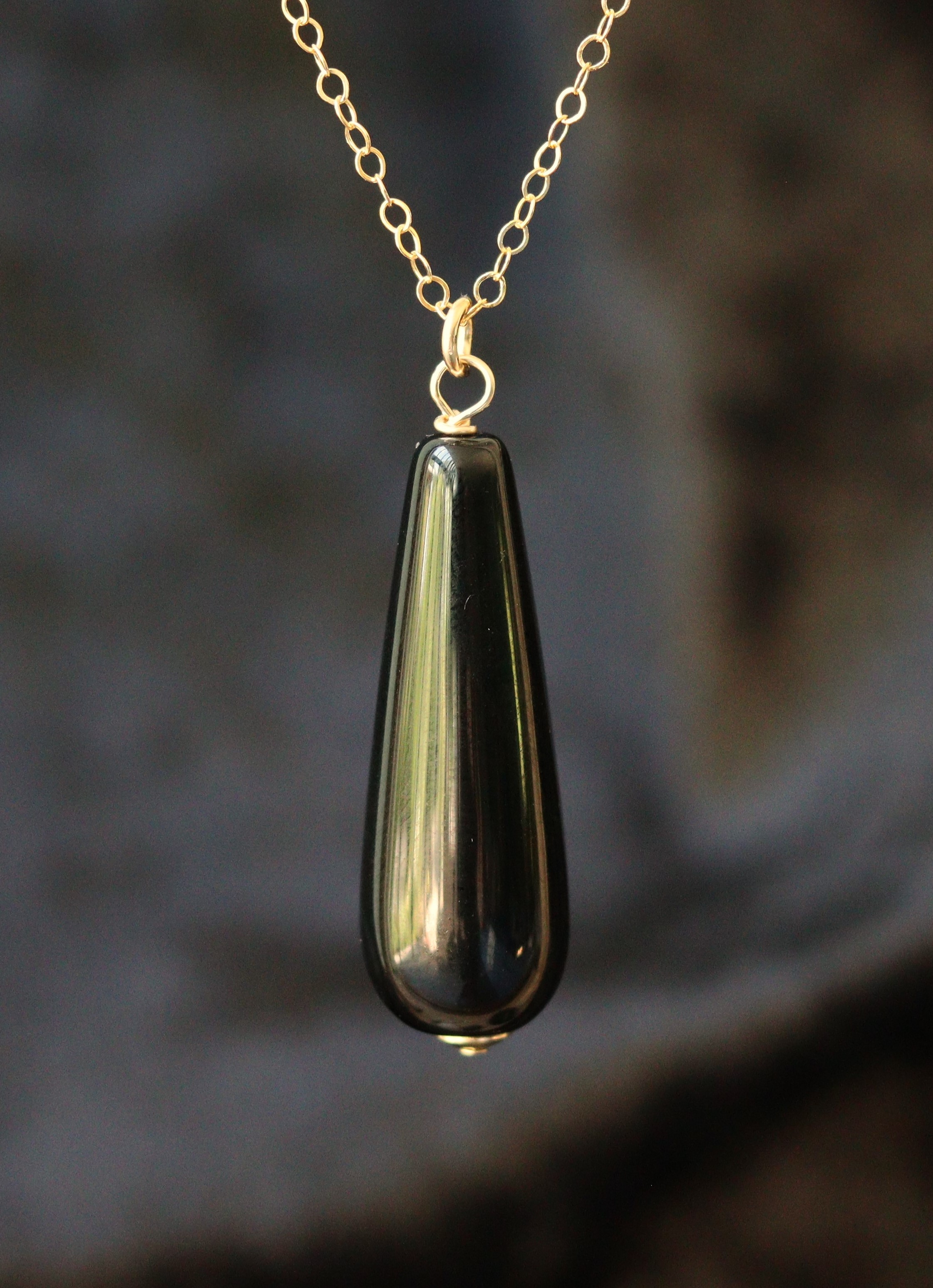 Onyx lange druppel 14k gold filled of 925 sterling zilveren ketting