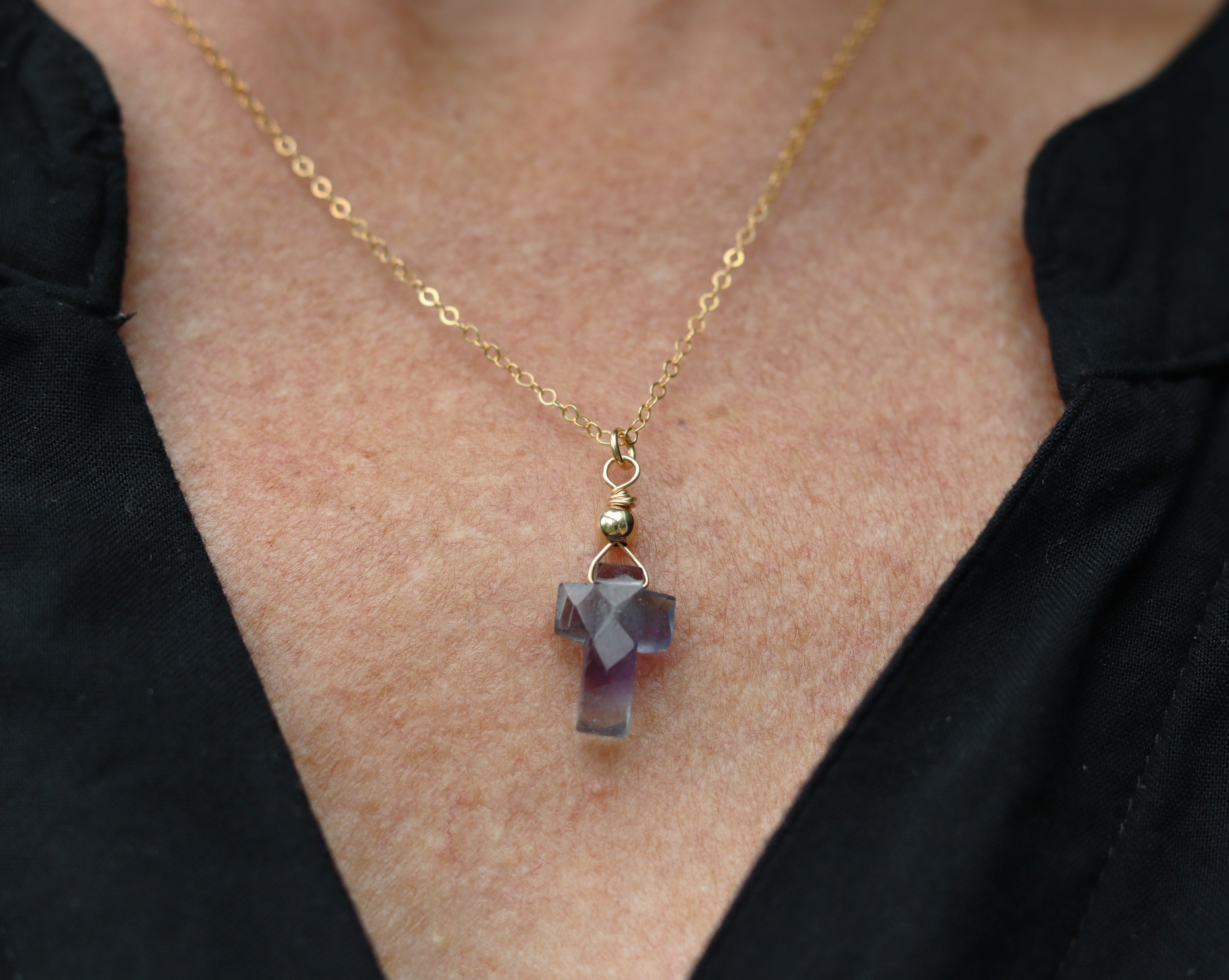 Fluoriet kruisje 14k gold filled gouden of 925 zilveren ketting,