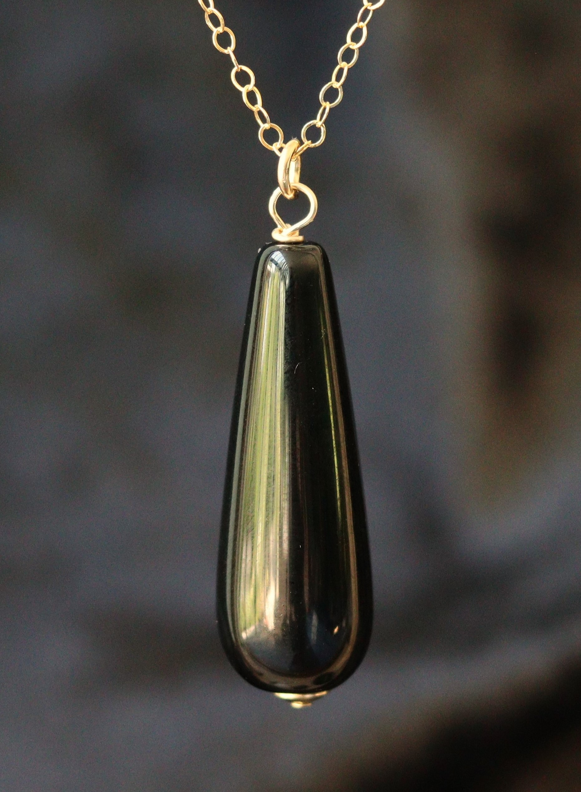 Onyx lange druppel 14k gold filled of 925 sterling zilveren ketting