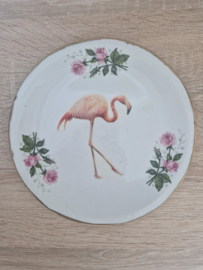 Gedecoreerd vintage bordje rozen flamingo   NIEUW!!!