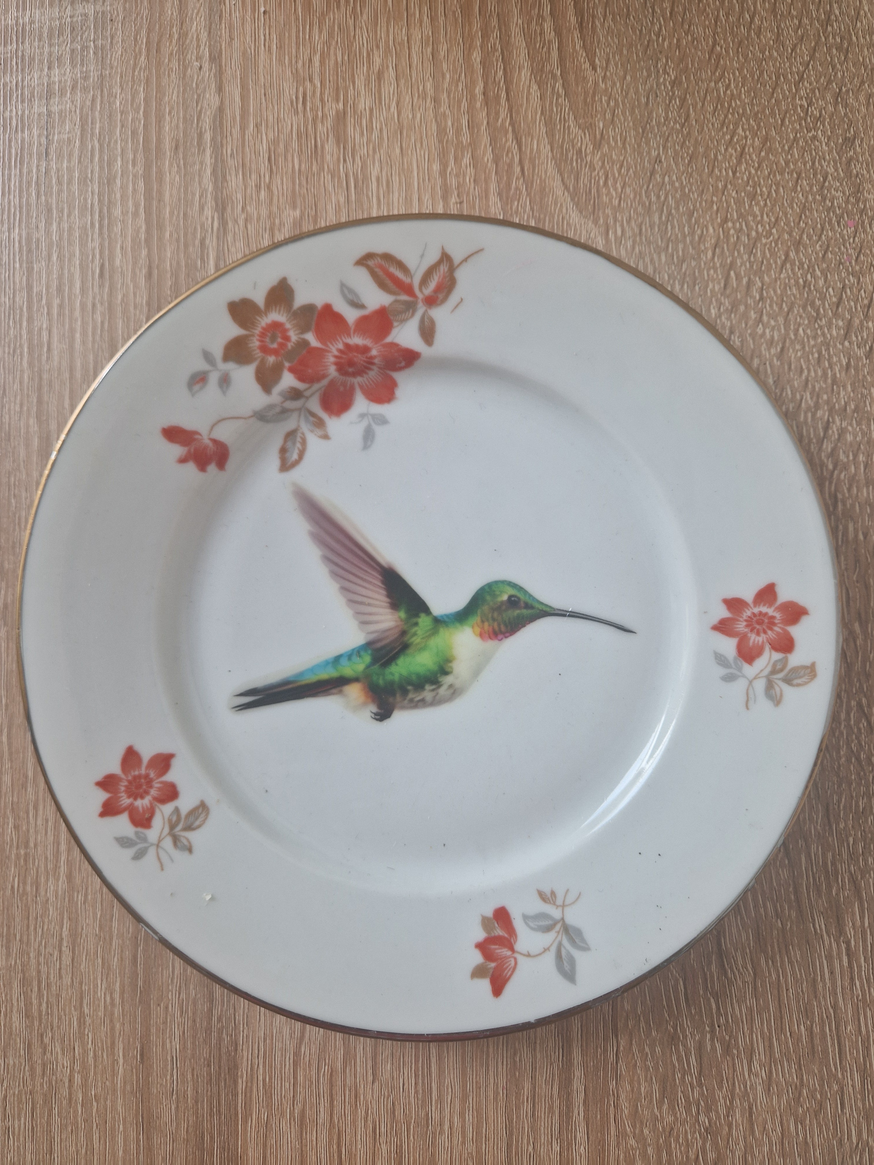 Gedecoreerd vintage bordje oranje bloemen groene kolibrie   NIEUW!!