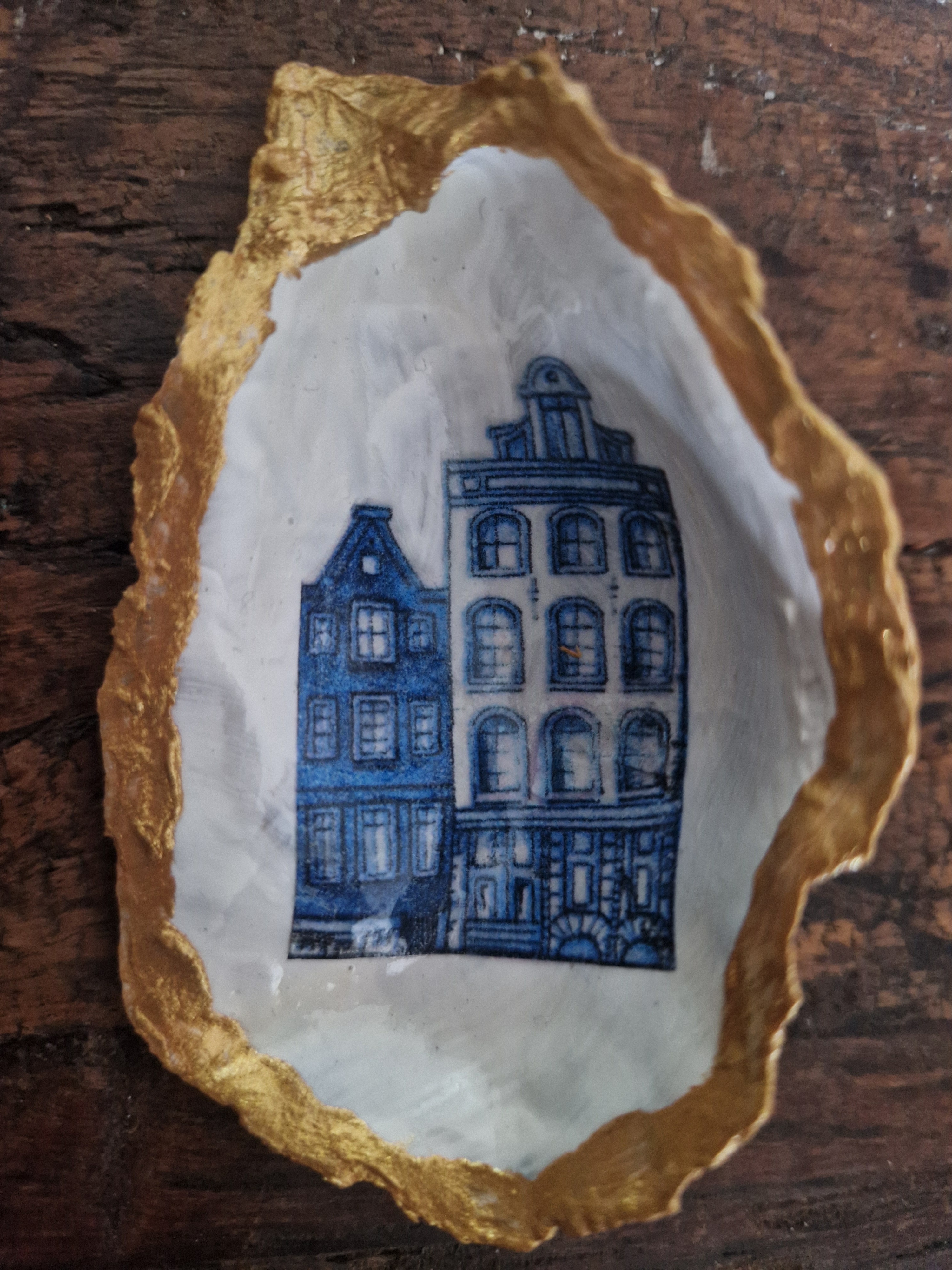 Losse oester goudrand 2x grachtenpand Delfts Blauw
