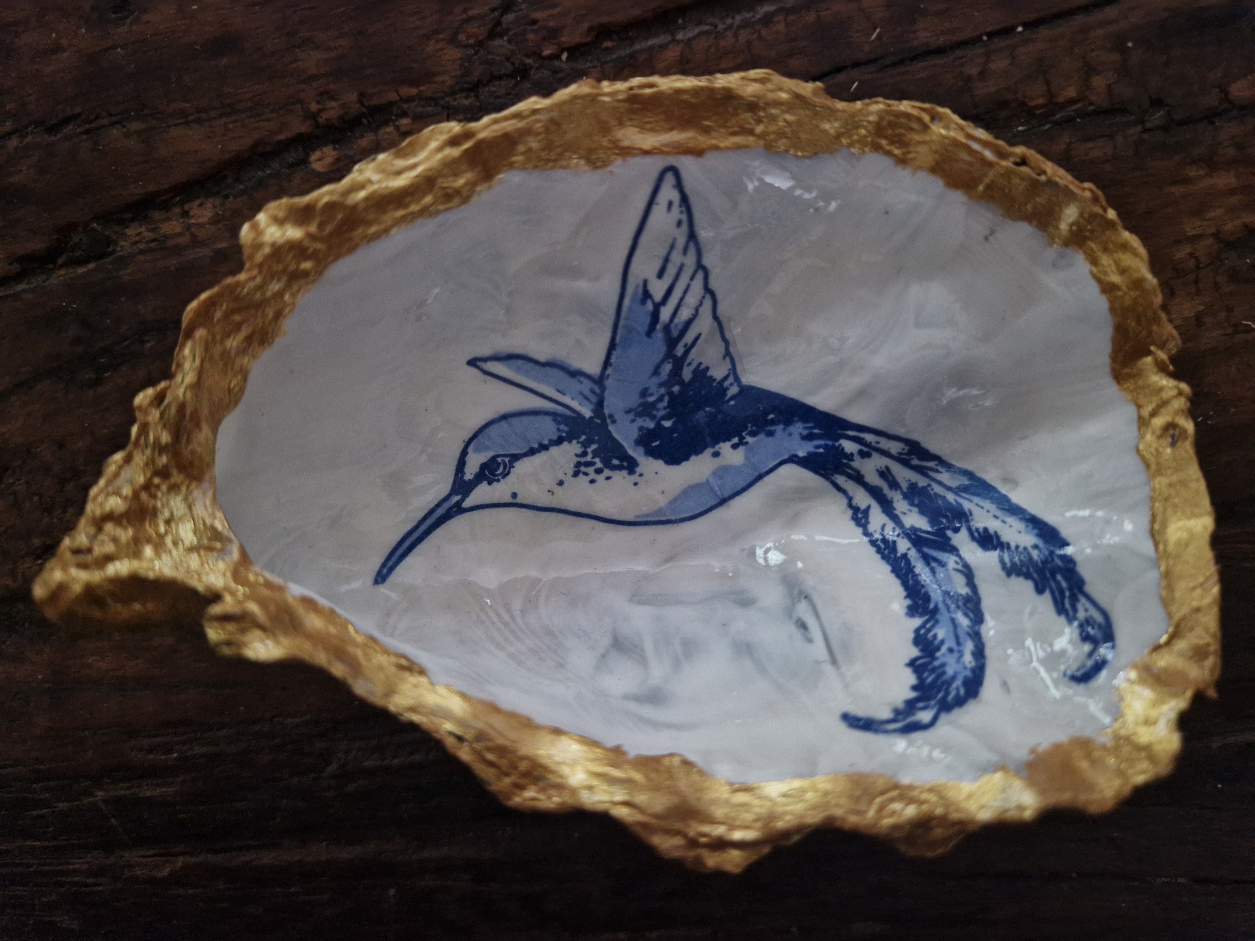 Grote losse oester Kolibrie Delfts Blauw links goudrand
