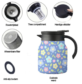 Theepot met theezeef licht blauwe met bloemen