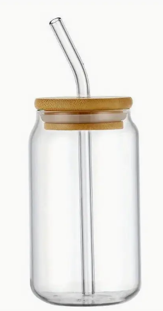 Glazen beker met rietje en bamboe deksel (450ml)