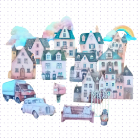 20 kartonnen stickers | Thema het dorp