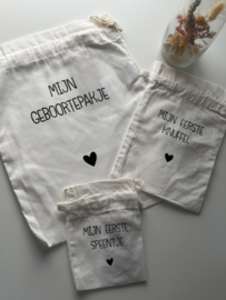 Set bewaarzakjes - Geboortepakje, eerste knuffel en eerste speentje