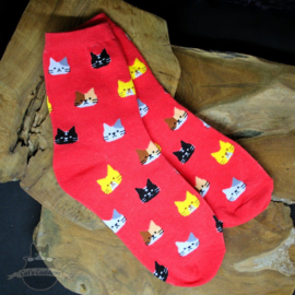 Rode sokken met kattenkoppen mt.36-41
