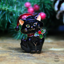 Zwarte kitten met kerstmuts en strik pin broche